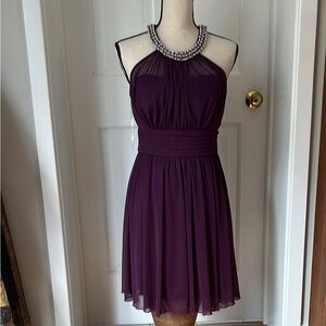 Deep Purple Ruched Halter Mini Dress, Beaded Neckline, Lined, Size 11(Juniors)